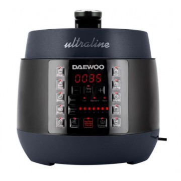 Multicooker sub presiune Daewoo Ultraline DPC900B, putere 900 W, capacitate 5 l, 7 niveluri, 10 programe de gatire, start intarziat, functie decongelare, reincalzire, mentinerea caldurii, display LED, negru